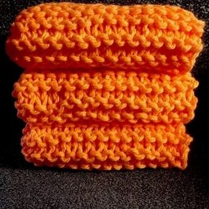 Three Hand Knit Cotton Dishcloths Orange